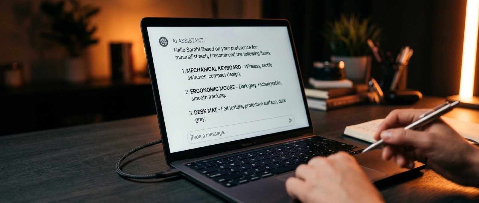 Laptop con un assistente AI che consiglia prodotti durante una conversazione