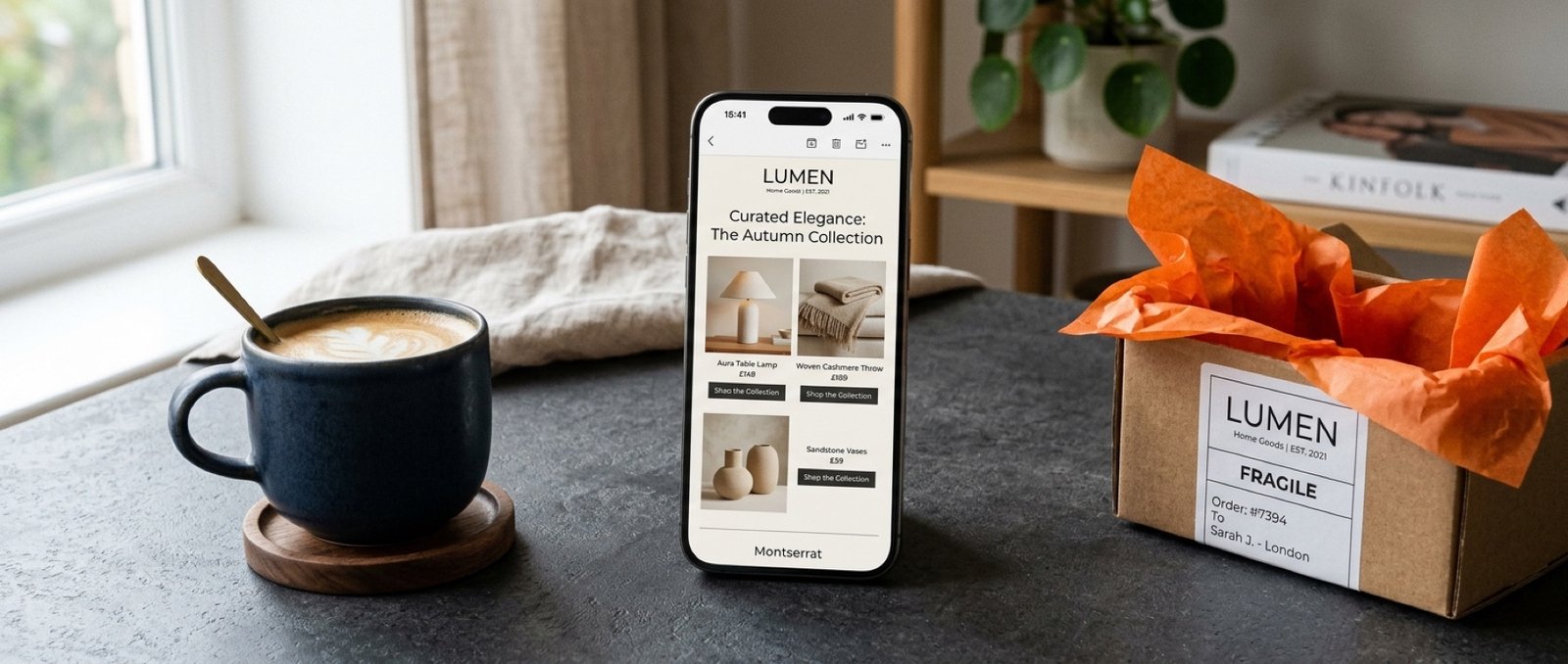 Smartphone con una email marketing di un e-commerce accanto a un pacco spedito