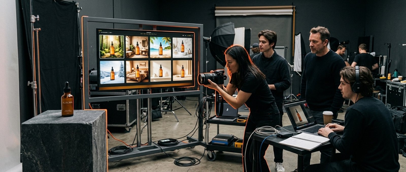 Set fotografico in cui un team crea varianti AI di un prodotto cosmetico