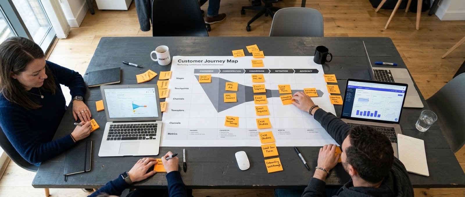 Team che lavora su una mappa del customer journey con post-it arancioni