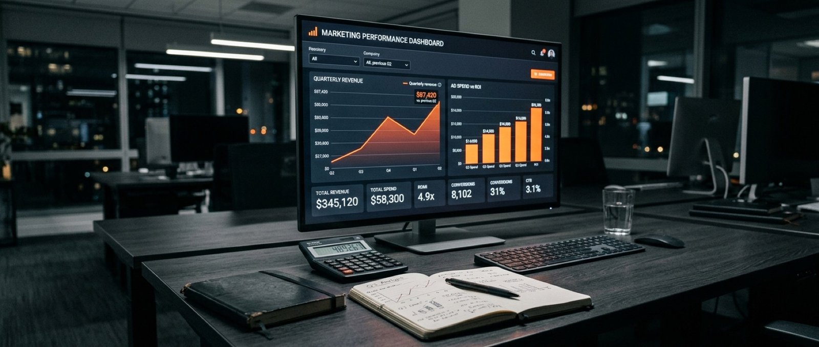 Dashboard di performance marketing con andamento di ricavi e spesa