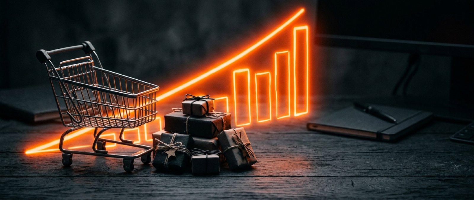 Carrello della spesa in miniatura con pacchi regalo impilati davanti a un grafico di crescita luminoso arancione